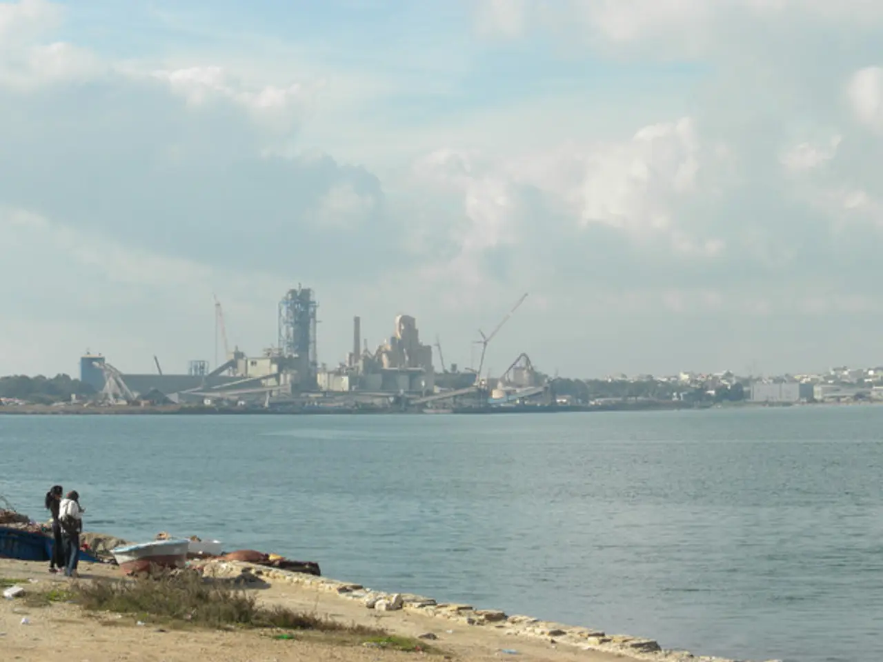 In the image there are two women standing on the land with boats behind them on the left side and...