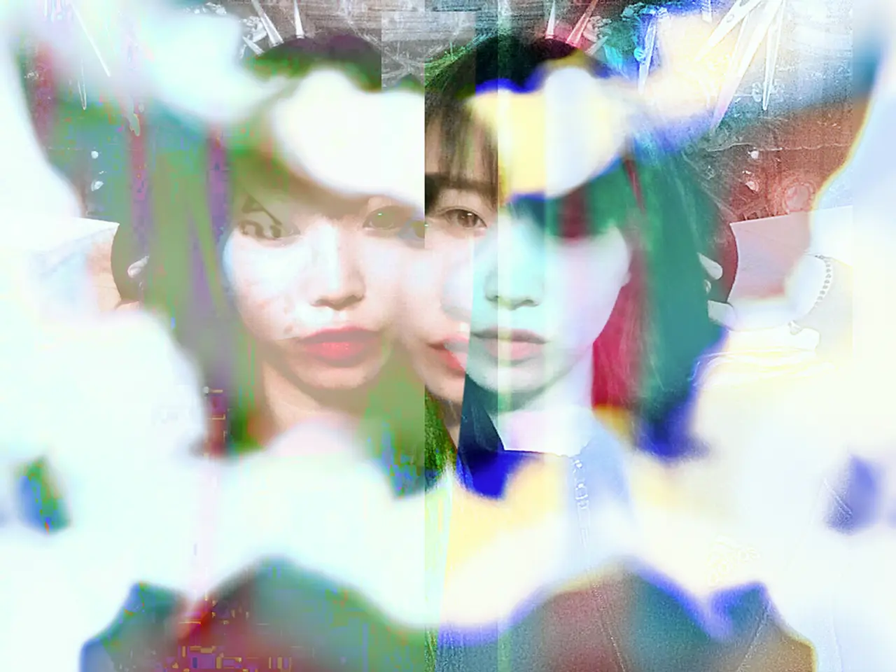 This is an edited picture. In the center of the picture there is a woman's face with reflections.