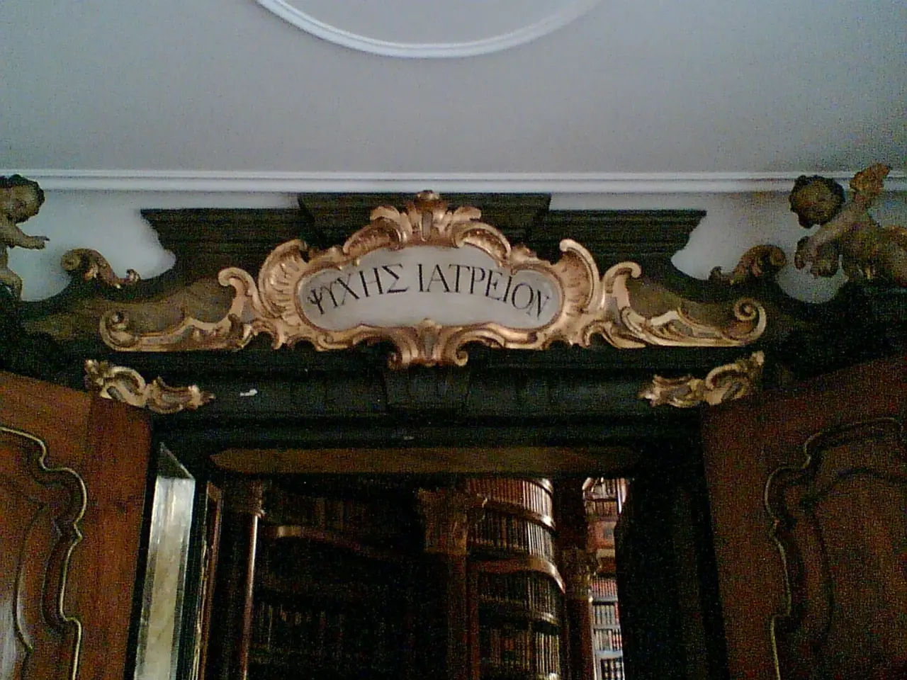 It is a zoomed in picture of an entrance with doors and behind the doors we can see a rack with...