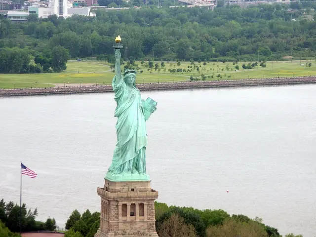 In the foreground of the picture there are trees, flag and statue of liberty. In the center of the...